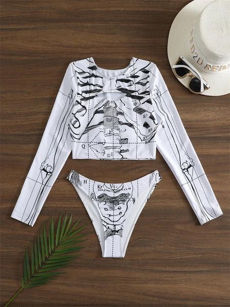 Swimons de maillots de bain en deux pièces Femme 2024 Bikini à imprimé squelette blanc