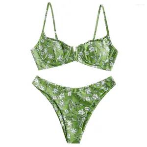 Swimons de maillots de bain pour femmes en deux pièces pour femmes imprimées florales High Cut V Bathing Suiit Push Up Bikini rembourré 2024 Summer Beach