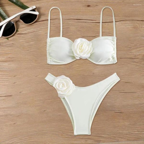 Traje de baño para mujer Conjunto de bikini con top de tubo de dos piezas Elegante flor 3D con cintura alta para mujer Playa de secado rápido