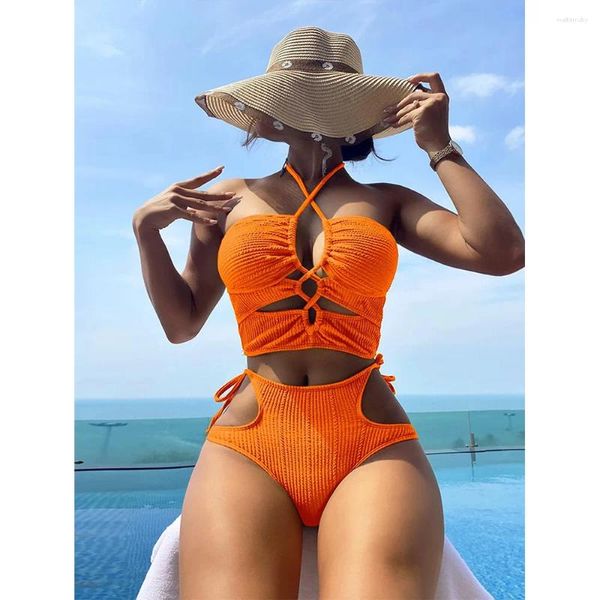 Maillots de bain pour femmes Maillot de bain deux pièces Femmes Lace Up 2024 Soutien-gorge rembourré push-up Orange Bikini Set Maillot de bain Beachwear Taille haute Biquini