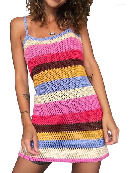 Txlixc Femmes Mode Tricoté Mini Robe Bande Colorée Contraste Couleur Sling Y2K Dos Nu Halter Robes Clubwear