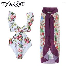 Swimwear féminin Tyakkve 2024 Jupe de maillot de bain à volants femelles Femmes Femmes 3D Flower Beach Dress Designer Bathing Costume Vintage Summer