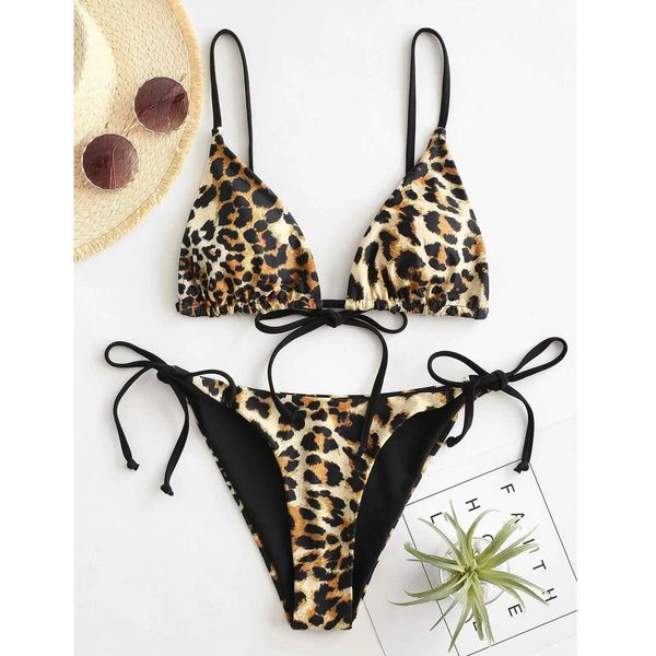 Traje de baño para mujer Conjunto de bikini de tanga elástico ultrafino Y2k Traje de baño con estampado de leopardo brasileño Traje de baño con correa con cordones Gel de ducha plisado Biquini J240319