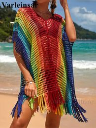 Maillots de bain pour femmes Col en V Épissage Fringe Gland Crochet Tunique Tricotée Plage Cover-ups Robe De Plage Vêtements De Plage Vêtements De Plage Femme Femmes V4527 T240227