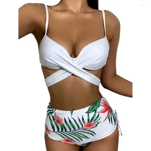 Dames badkleding v-neck zwempak bloemenprint bikini set met hoge taille briefs cross sling bh bra vest cover up zomer voor strand a
