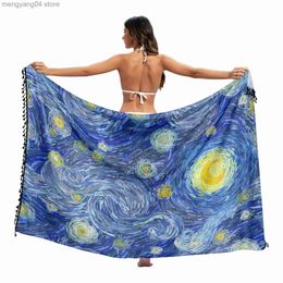 Maillots de bain pour femmes Van Gogh peinture à l'huile Coton sergé Pareo Beach Cover-Ups Femmes Beach Dress Bikini Bathing Swimwear Cover Up snow Sarong Scarf T230505