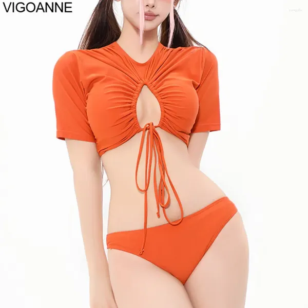 Swimwwear Vigoanne 2024 Orange à manches courtes Femmes Push Up Hollow Bikini Set Corée Fermé Swimsuit Summer Bathing Bathing