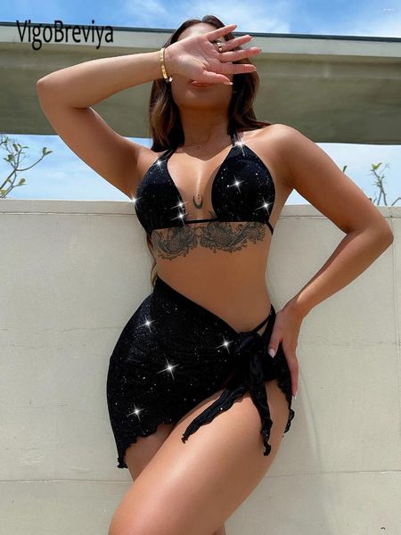 Swimwear pour femmes Vigobreviya Sexy Black Halter 3pcs Smock Bikini Set Femmes 2024 Cultime de bain d'été Hollow Hollow Hollow