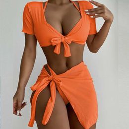 Traje de baño para mujer Vigocasey naranja 4 piezas / conjunto traje de baño para mujer sexy bikini de cintura alta conjunto 2024 traje de baño traje de baño de manga corta J240319