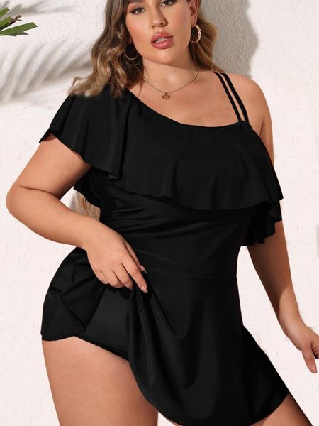 Vigojania de baño de baño para mujeres 2024 Negro Tankini Mujeres de talla grande Dos piezas Traje de baño Big One Shoulder Ruffle Bathing Traje