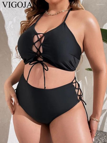 Traje de baño para mujer Vigojany 2024 Sexy Black Strapped Plus Tamaño Bikini Mujeres Hollow Push Up 2 piezas Traje de baño Cintura alta Sin respaldo Baño grande