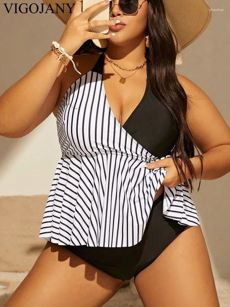 Swimwear Vigojany 2024 Sexy Patchwork Strapped Plus Taille Tankini Set Femmes Verge Push Up Swimsuit Backless Summer Beach Bathing Full