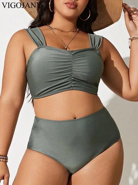 Swimwear Women Vigojany 2024 Solid Straped 2 Piece Plus taille bikini les femmes poussent un grand maillot de bain Backless High Waist Chubby