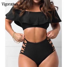 Maillots de bain pour femmes Vigorshely Plus Size Ruffle Off Épaule Maillots De Bain Femmes Sexy Solide Taille Haute Bikini 2023 Creux Brésilien Maillot De Bain Maillot De Bain Z0613