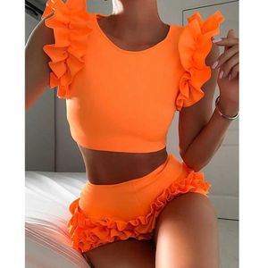 VIKINII 2021 Zomer Sexy Vrouwelijke Strandkleding Oranje Vrouwen Tweedelige Set Ruche Mouwloze Crop Tops Hoge Taille Shorts nieuwe J240202