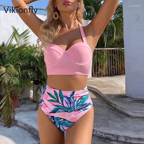 Swimwear pour femmes Vikionfly Sexy Neon High Waist Bikini 2024 Push Up Swimsuit Floral Brésilien Brésilien Suite pour les femmes