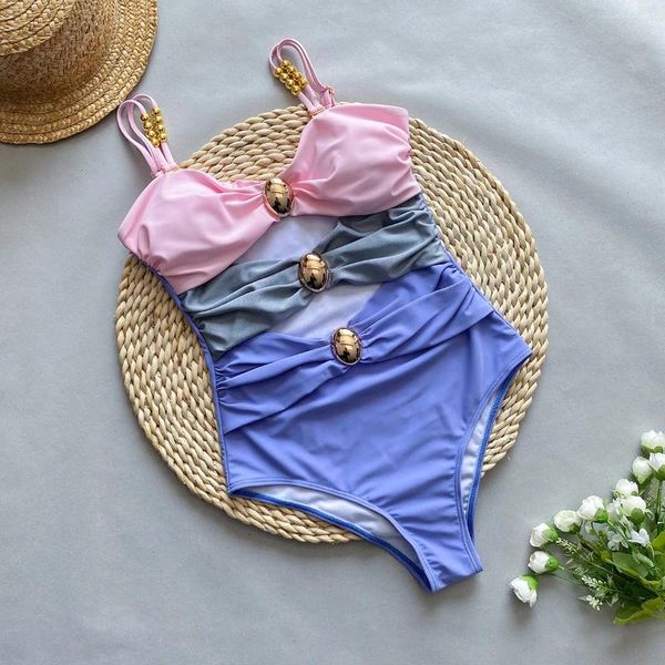 Swimswear Women's Vintage Bandeau One Piece Mains de maillot de bain Femme Metal Bouton coupé la jupe plipe 2024 Cultime de bain Pink Pink Summer