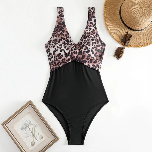 Traje de baño para mujer Vintage Black Leopard Print Traje de baño Mujeres Halter V Cuello Patchwork Control de barriga Una pieza Playa Traje de baño Monokini