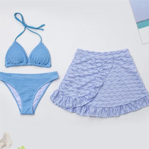 Traje de baño para mujer Conjunto de bikinis azules vintage Traje de baño sexy con tiras y volantes Falda con volantes Tanga 3 piezas Bikini para mujer Traje de baño para playa