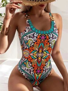 Dames zwemkleding Vintage Blue Floral Print One Piece Swimsuit 2024 Women Metal Riem Push Up Tummy Control Swimwear Beach Bading Suit Monokini Y240429