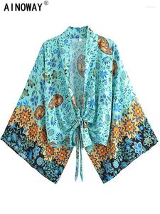 Traje de baño de mujer Vintage Chic Boho Kimono Traje de baño corto Traje de baño Mujer Verde Floral Mangas de murciélago Rayón Bohemio Bikini Cubrir Ropa de playa