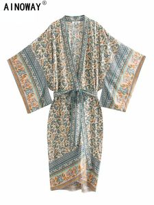 Maillots de bain pour femmes Vintage Chic femmes imprimé fleuri manches chauve-souris plage bohème Kimono Robe dames col en V été Boho Robe couvertures Vestidos 230412