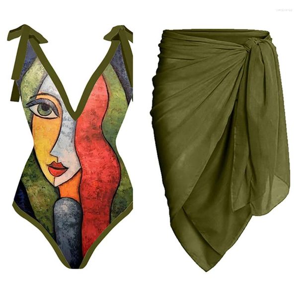 Swimwear féminin Vintage Green foncé Abstract Face Imprimé Bikini High Waist Slim Swimsuit V-Neck Sexy Beachwear Bow Stracts Elegant Luxury 2024