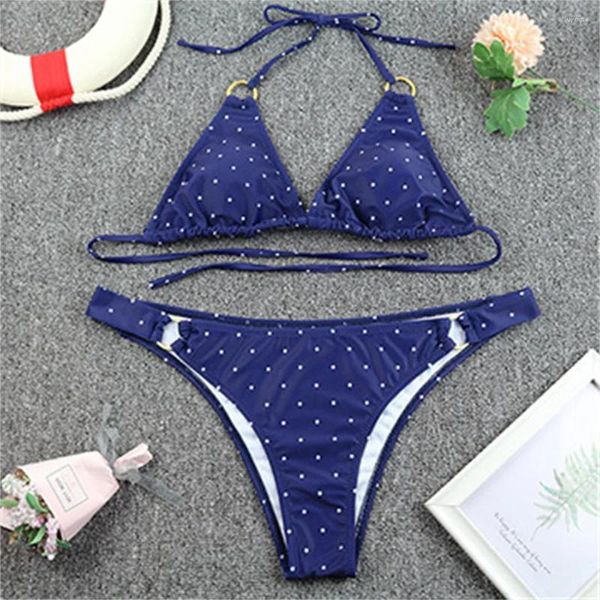 Swimwear Women Vintage Dot Bikini Anneaux Sexy Triangle Micro-Thong Sweter Halter Push Up Vacation Femmes Femmes Saisie de bain Beachwear