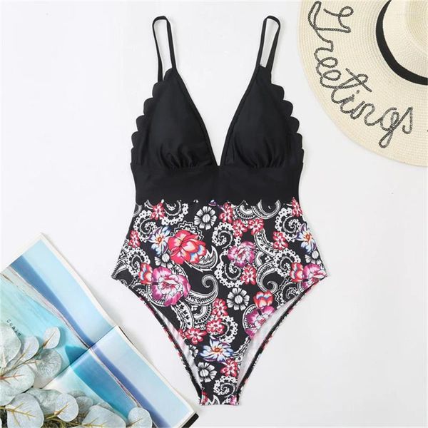 Swimwear pour femmes vintage floral bikini scallop V-collier monokini patchwork mail de mail