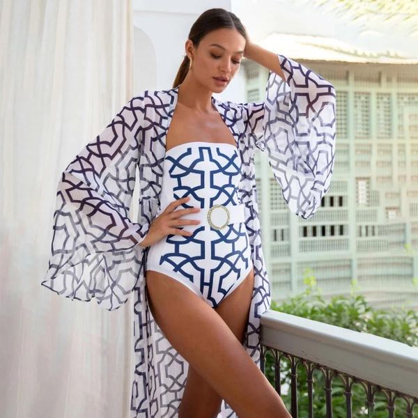 Maillots de bain pour femmes Vintage imprimé géométrique maillot de bain une pièce tube haut bikini 2023 creux licou kimono beachwear élégant jupe fendue smock