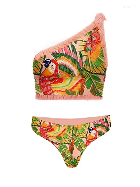 Traje de baño para mujer Conjunto de bikini con estampado bordado de un hombro vintage y falda con flecos para mujer 2023 Traje de baño de dos piezas de lujo Sexy /