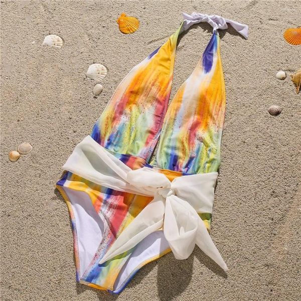 Swimwwear Women Vintage Tie Dye Print Bikini Deep-V Halter Backs de maillot de bain Bandage Bandage Monokini Y2K