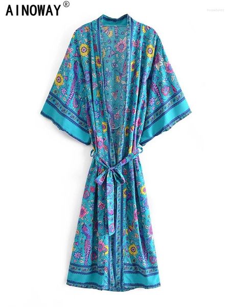 Traje de baño para mujer Vintage Mujeres Verde Pavo real Estampado floral Fajas Bohemio Kimono Batwing Manga Playa Boho Robe Bikini Encubrimientos Ropa de playa