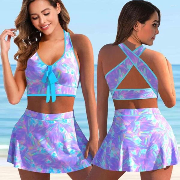 Traje de baño para mujer Vadear Secado rápido Control de barriga Estampado a cuadros Skort Bra Traje de baño Ropa de playa