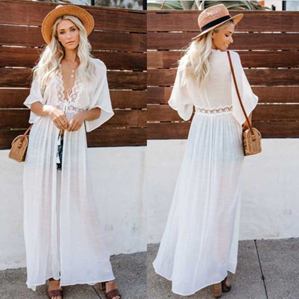 Traje de baño para mujer Playa blanca Cardigan Mujeres Hollow Out Lace Patchwork Vestido Kaftan Cordón Maxi Bikini Cover Up