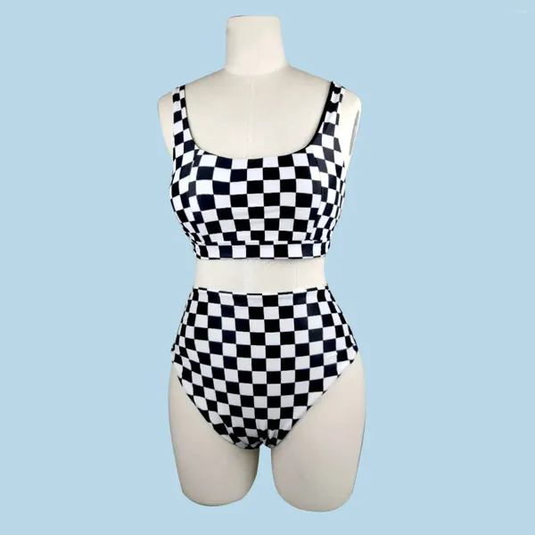 Maillots de bain pour femmes White Grid Houndstooth Sexy Split Maillot de bain Maillots de bain Triangle familial Deux pièces Costumes Plaid imprimé taille haute Bikini Set