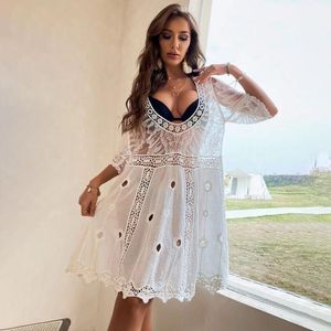 Dameszwemkleding Wit Lace Cardiga Zie lange blouse dames bikini bedek vintage sexy boho strand zomer 2022 Vestido smok rooadwom