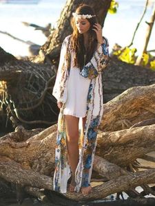 Traje de baño para mujer Cárdigan con estampado blanco Playa Cubrir Túnicas Gasa Caftán largo Bikini Robe De Plage Sarong Wrap # Q608