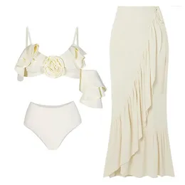 Swimwear White White deux pièces Bikini maillot de bain et jupe pour les femmes 2024 Fleur 3D Femelle haute taille Biquini Bathing Bathing