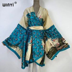 Dames Zwemkleding WINYI 2024 Afrika Zomer Print Dames Vest Stitch Robe Cocktail Sexy Boho Los Vakantie Lange mouw Zijden Kimono Met