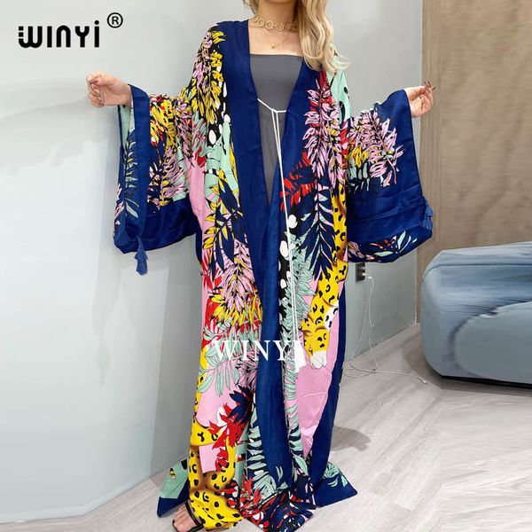 Maillots de bain pour femmes WINYI Bikini en coton Sweet Lady Pink Boho Print Self Belted Front Open Long Kimono Dress Beach Tunic Women Wrap Dresses 230616