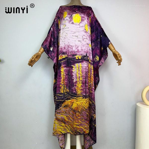 Traje de baño de mujer WINYI de alta calidad de verano moda musulmana Boho impreso seda Kaftan Maxi vestido de playa bohemio largo para mujer