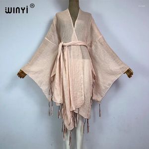 Maillots de bain pour femmes Winyi Kimono Afrique Manteau avec ceinture Mode Kaftans Beach Cover-ups Cardigan monochrome frangé Tenues pour femmes Robes