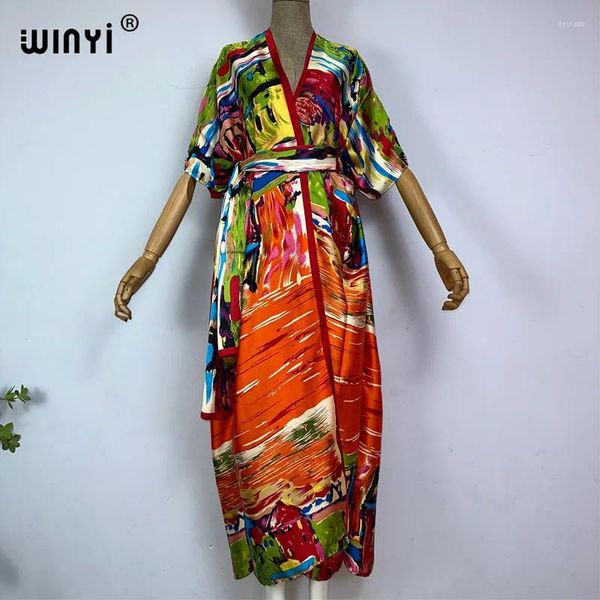 Traje de baño para mujer Winyi Kimono con cinturón Estampado Verano Boho Bikini Cover-up Elegante Moda Cardigan Sexy Holiday Maxi Beach Traje de baño Vestido