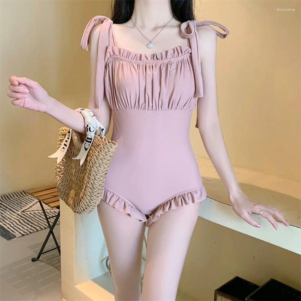 Traje de baño para mujer Wisuwore One Piece Traje de baño 2024 Mujeres Monokini Pink Plisado Push Up Estudiante Traje de baño Vacaciones Natación Desgaste