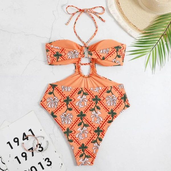 Swimwear pour femmes avec robe mince de vêtements de plage imprimé floral femme intime le cou de bain de couteau de bain de maillot de bain