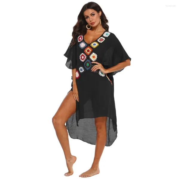 Maillots de bain pour femmes Femme Sexy Robe de plage Crochet à main Spliced Bikini Cover Up Lâche Manches courtes Robes de tunique de vacances Summer Beachwear