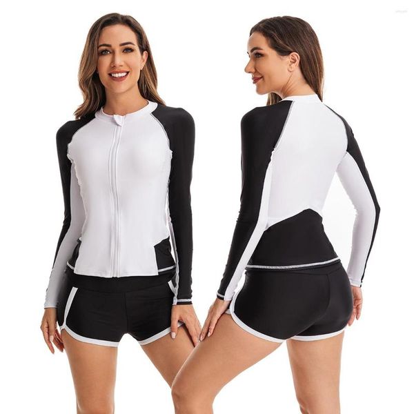 Traje de baño para mujer Trajes de baño Womem Manga larga Dos piezas Rash Guard Protección UV Cremallera completa Top con pantalones cortos Trajes de baño Swim Surf Shirt / Boy