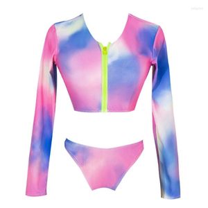 Traje de baño para mujer Conjunto de bikini con estampado Tie-Dye de 2 piezas para mujer Conjunto de bikini de manga larga con cremallera frontal Top corto Tanga de cintura baja Traje de baño con protector solar