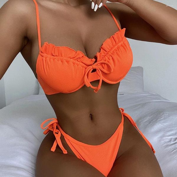 Maillots de bain pour femmes Femmes 2023 Sexy Wave Bikini Set Push Up Solid Floral Ruffle Maillot de bain Beachwear Brésilien String Femme Maillot de bain